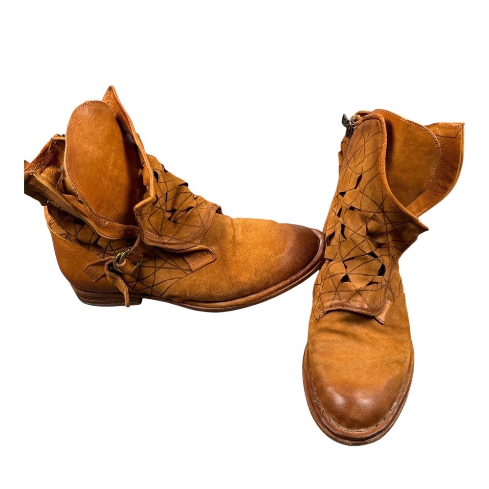 A.S. 98  Nellyn Ankle Boots Women IT 38 US 7.5 Tan Leather Laser Cut Buckle Zip